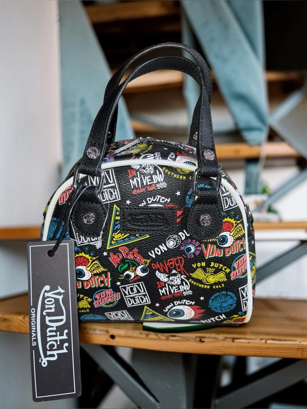 Von Dutch Black Graphic Patch Mini Satchel